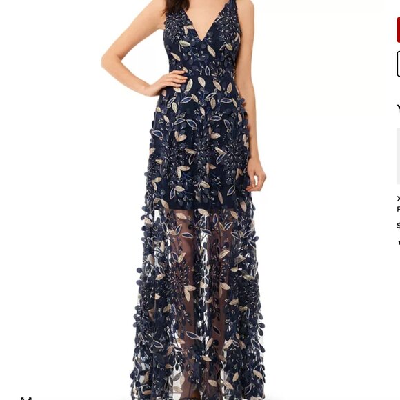 Xscape Navy and Gold 3D Embellished Floral Illusion Long Maxi Dress - Sz 2 - Picture 1 of 8